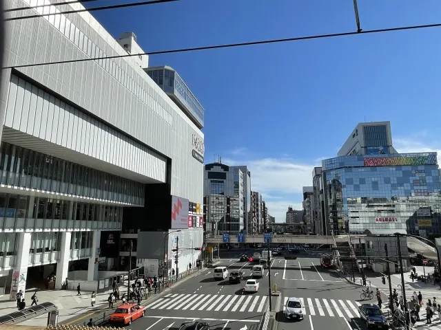 The wide crossing and shopping buildings outside Kinshicho Station in Sumida, Tokyo